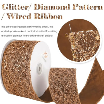 Glitter Copper Diamond Wired Christmas Ribbon 2.5 inch x 10 Yards (30 Foot)