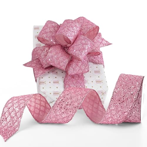 Pink Glitter Diamond Wired Christmas Ribbon 2.5 inch x 10 Yards (30 Foot)