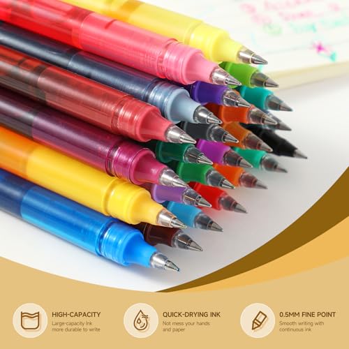 Fine Point Colored Pens 12 Colors 0.5mm Gel Ballpoint Pens Assorted Colors Liquid Ink Pens No Smear Vibrant Colorful Writing for Journaling Note Taking Doodling Coloring Office School Supplies (12 Count)