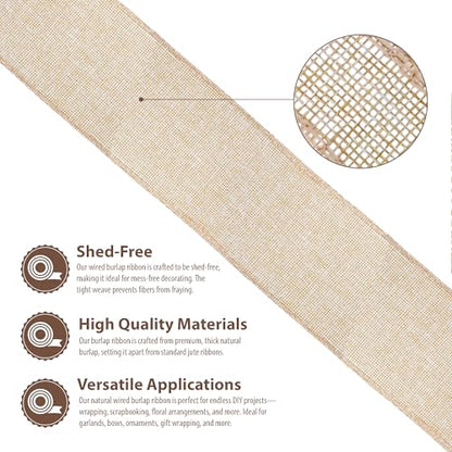 3 Inch Wide Natural Wired Burlap Ribbon for Crafts (30 Foot)
