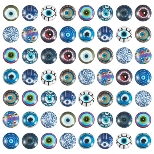 100Pcs 12mm Transparent Glass Cabochons Mixed Blue Evil Eye Printed Cameo Dome Tiles Flat Back Glass Covered Dome Tiles for DIY Bracelets Necklace Scrapbooking Art Crafts