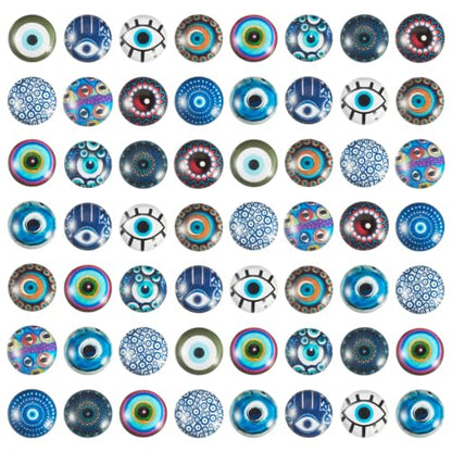 100Pcs 12mm Transparent Glass Cabochons Mixed Blue Evil Eye Printed Cameo Dome Tiles Flat Back Glass Covered Dome Tiles for DIY Bracelets Necklace Scrapbooking Art Crafts