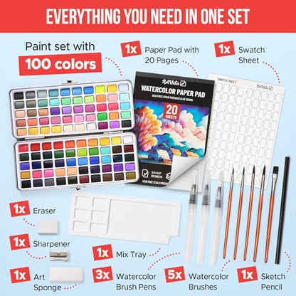 Premium Watercolor Paint Set Bundle with 100 Vibrant Colors for Adults