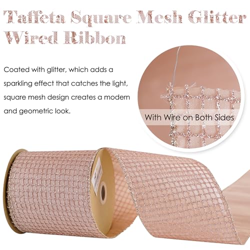 Rose Gold Glitter Square Mesh Wired Ribbon 4 inch x 10 Yards (30 Foot)