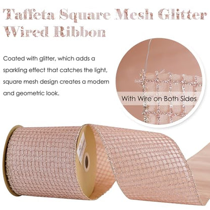 Rose Gold Glitter Square Mesh Wired Ribbon 4 inch x 10 Yards (30 Foot)