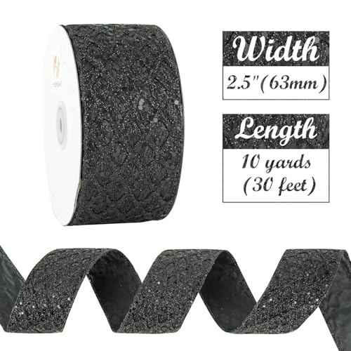Glitter Black Diamond Wired Christmas Ribbon 2.5 inch x 10 Yards (30 Foot)