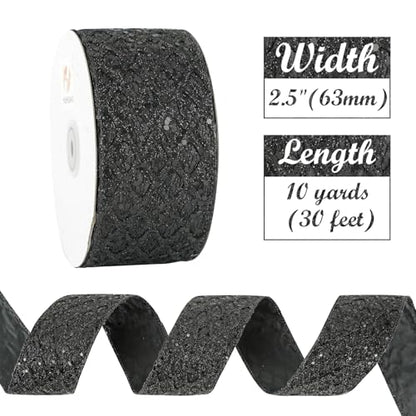 Glitter Black Diamond Wired Christmas Ribbon 2.5 inch x 10 Yards (30 Foot)