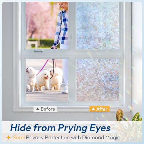 Rainbow Window Privacy Film Decorative Stained Glass Diamond Pattern Window Sticker with Iridescent Tint Non (12.92 Sq Ft)