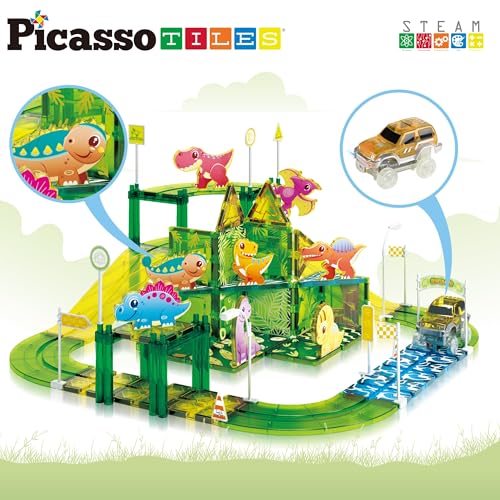 Dinosaur Magnetic Tiles Racecar Track with 8 Magnet Tile Dino Toys 2 Cars Street Sign Accessory Kit Construction Building Blocks Educational Picasso Toy for Kids Ages 3 and up PTR02 (89 Count)