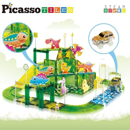 Dinosaur Magnetic Tiles Racecar Track with 8 Magnet Tile Dino Toys 2 Cars Street Sign Accessory Kit Construction Building Blocks Educational Picasso Toy for Kids Ages 3 and up PTR02 (89 Count)