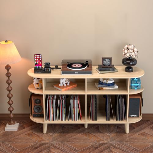 Large Round Record Player Stand with Charging Station & USB Ports
