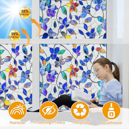 Colorful Leaf Static Cling Window Film Frosted Stained Glass Privacy Anti