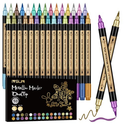30 Colors Dual Tip Metallic Acrylic Paint Marker pens with Brush & Fine (30 Count)
