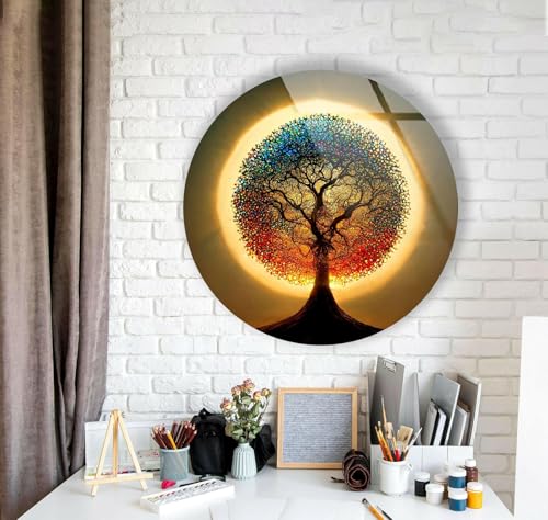 39,4''(100cm) Diameter Life of Tree Round Glass Wall Art Tempered Glass Printing Wall Decor Large Wall Art Wall Hangings