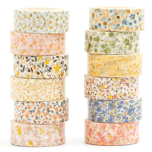 12 Rolls Charming Washi Tape Set Gold Silver Foil Detailing Arts Adhesive Tapes Basic Patterns Decorative Masking Tape Sets for Craft (12 Count)