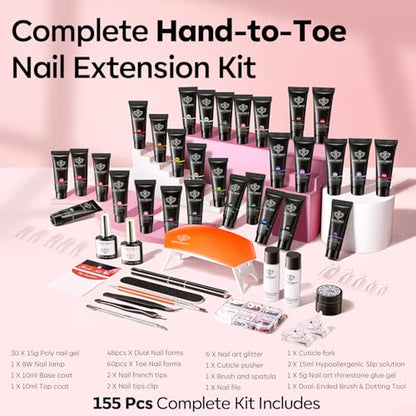 Poly Gel Nail Kit 30 Colors with 8 W Nail Lamp Poly Extension Gel Clear Pink Nude White Blue Complete Starter Kit for Beginner DIY Salon Quality Manicures