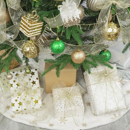Glitter Gold Wired Ribbon 2.5 Inch Horizontal Stripes Glitter Polka Dot Christmas Ribbon Organza Sheer Ribbons 25 Yards Gold Glitter Ribbons for Christmas Tree (75 Foot)