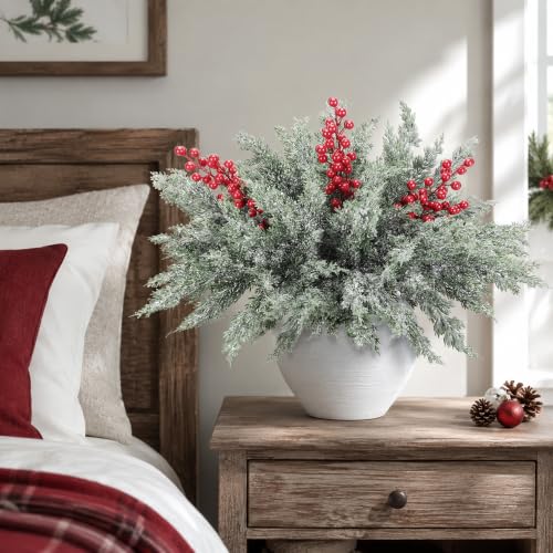 12 Pcs 16.5" Artificial Christmas Snow Pine Branches with Red Berry Stems (12 Count)