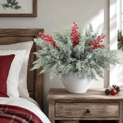 12 Pcs 16.5" Artificial Christmas Snow Pine Branches with Red Berry Stems (12 Count)