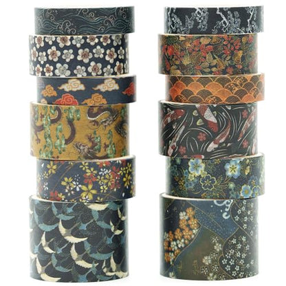12 Rolls Kyoto Charm Washi Tape Set Japanese Arts Adhesive Tapes Geometric Garden Decorative Masking Tape Sets for Craft (12 Count)