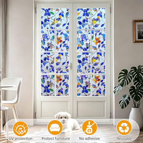 Privacy Window Film Upgraded 24H Day & Night Privacy Heat Insulation Static Cling Decorative Glass Film（Upgraded UV Purple