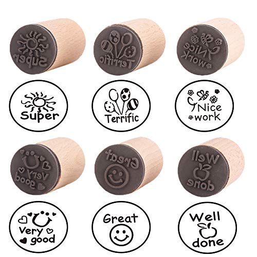 6pcs Round Wood Rubber Stamp for School Teachers English Toy Stamp Au116s1p1us1 (6 Count)