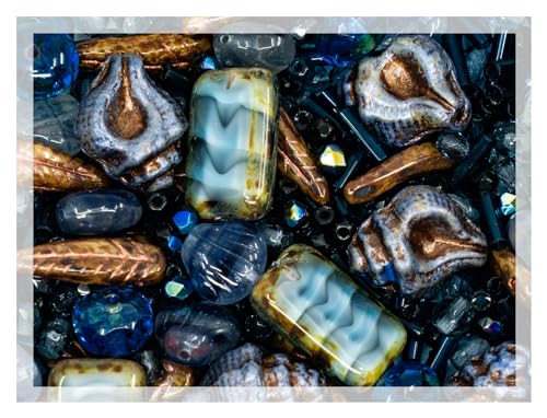2.1oz (60 g) Mix of Unique Czech Bohemia Glass Pressed Beads, Dark Blue, Table Cut, Matte and Glossy, Faceted Fire Polish, Hand Made Set Kit BCV (2.1164 Ounce)