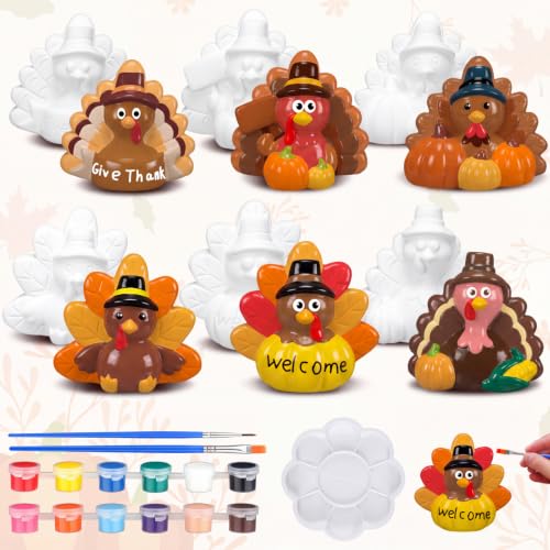 6 Sets Thanksgiving Turkey Gnome Ceramics DIY Painting Kit Brushes (6 Count)