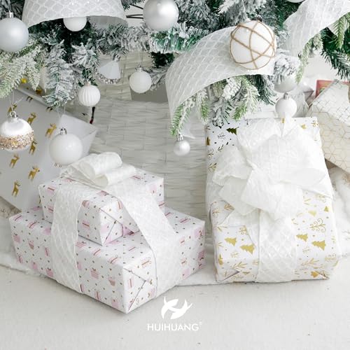 White Glitter Diamond Wired Christmas Ribbon 2.5 inch x 10 Yards (30 Foot)