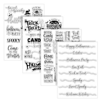 4 Sheets Halloween Clear Stamps Greeting Words Pumpkin Bat Silicone Transparent Stamps Happy Halloween Stamp Cards for DIY Crafts Card Making Scrapbooking Embossing Album Decor (4 Count)