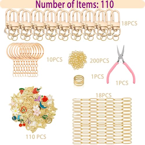 358 PCS Gold DIY Keychain Making Kit Cute Bag Charm Kit 110 Charms 28 Keychain Clips with Key Ring Swivel Snap Hook Lobster Claw Clasps 200 Jump Ring Jewelry Plier DIY Set Women Craft