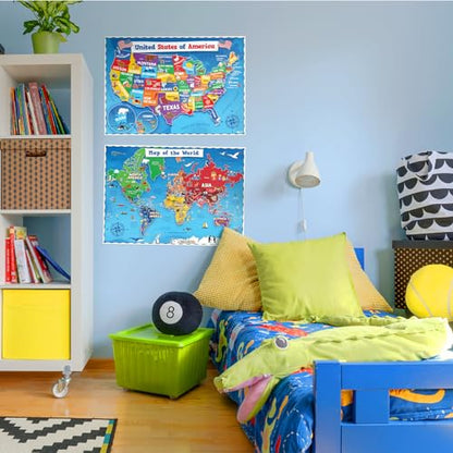 United States and World Map For Kids Classroom Posters 2pc Set (2 Count)