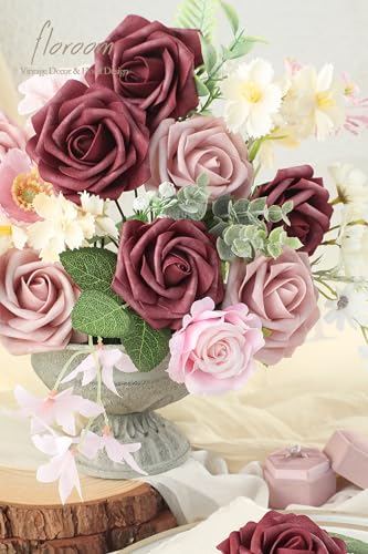 Artificial Flowers 25pcs Real Looking Cinnamon Rose & Shabby Pink Foam Fake Roses with Stems for DIY Wedding Bouquets Bridal Shower Centerpieces Floral Arrangements Party Tables Decorations (25 Count)