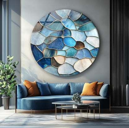 15.8''(40cm) Diameter Coastal Blue Stone Mosaic Round Glass Wall Art Tempered Glass Printing Wall Decor Large Wall Art Wall Hangings