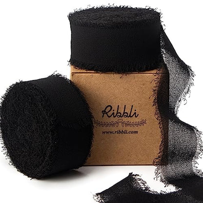Black Chiffon Ribbon 1 Inch x 20 Yard Handmade Fringe Chiffon Silk Ribbon Black Ribbon for Gifts Wrapping (60 Foot)