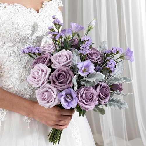 Artificial Flowers Foam Fake Roses 25pcs Series Purple Colors Roses with Stems for Home Decor DIY Wedding Bouquets Party Bridal Shower Centerpieces Faux Flower Arrangements Tables Decorations (25 Count)