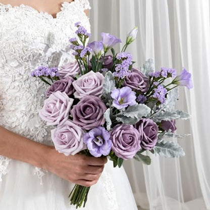 Artificial Flowers Foam Fake Roses 25pcs Series Purple Colors Roses with Stems for Home Decor DIY Wedding Bouquets Party Bridal Shower Centerpieces Faux Flower Arrangements Tables Decorations (25 Count)