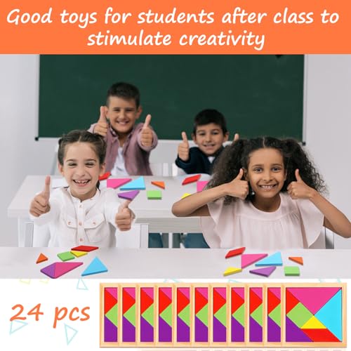 24 Pack Wooden Tangram Puzzles for Students (24 Count)