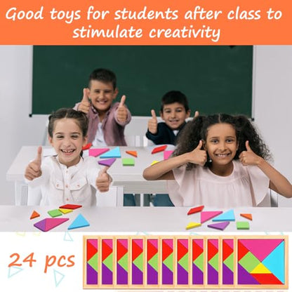 24 Pack Wooden Tangram Puzzles for Students (24 Count)
