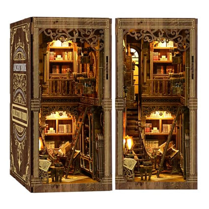 Book Nook Kit for Adult Miniature Model Build Dollhouse Kit 3D Wooden Puzzle with Sensor Led Light for Bookshelf Bookend Decor Adults Teen Craft