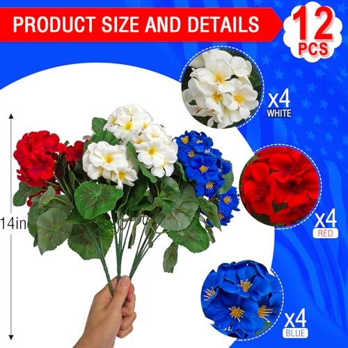 12 Pcs Artificial Geranium Flowers for Outdoors Geranium Silk Red White Blue Flowers Outdoor UV Resistant Plants Faux Patriotic Flowers for 4th of July Home Decor