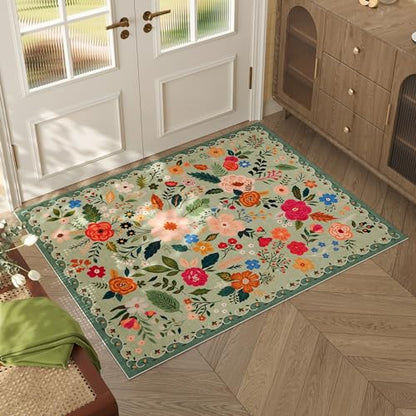 Door Mat Indoor Entrance 2x3 Rug Machine Washable Boho Floral Small Area Rug Non