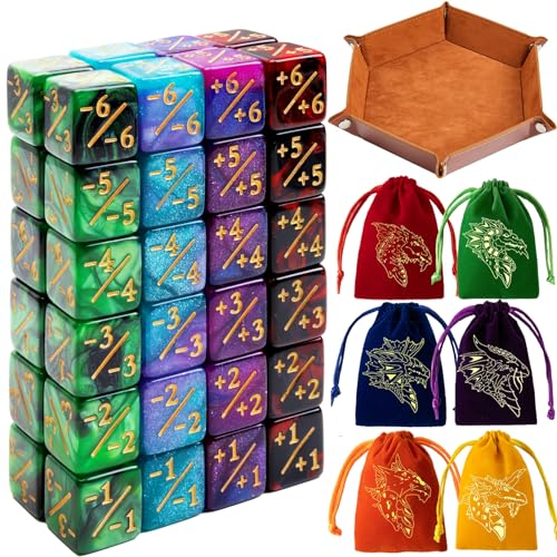 MTG Counter Dice Set 48 Pcs D6 MTG Dice Life Counters Tokens Dice for Magic Card Game Accessories with 6 Pcs Drawstring Bags and Tray (56 Count)