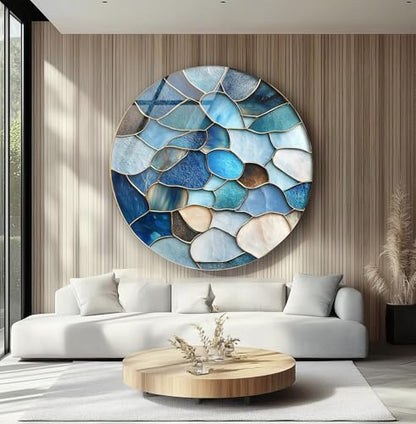 27.5''(70cm) Diameter Coastal Blue Stone Mosaic Round Glass Wall Art Tempered Glass Printing Wall Decor Large Wall Art Wall Hangings