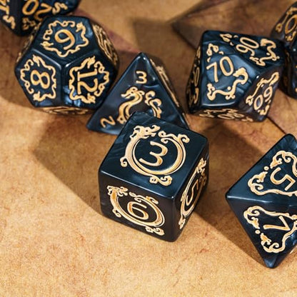7 Die DND Dice Set Dragon Pattern Polyhedral Die with Leather Bag (7 Count)
