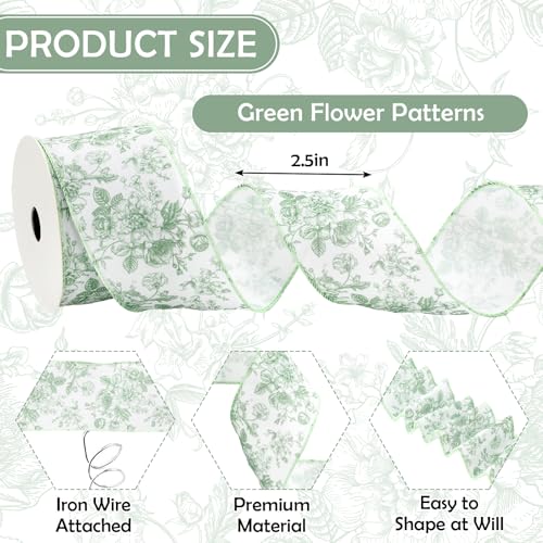 Floral Wired Edge Ribbon Roll Green Flower Chinoiserie Fabric Ribbon for Wreath Bow Making DIY Crafts Gift Wrapping