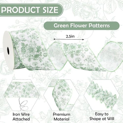 Floral Wired Edge Ribbon Roll Green Flower Chinoiserie Fabric Ribbon for Wreath Bow Making DIY Crafts Gift Wrapping
