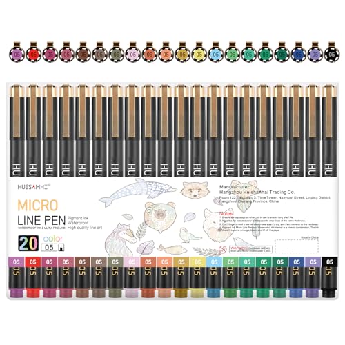 05 Micro Pen 20 Colors Waterproof Ink 0.48mm Fine Tip FineLiner Pens for Art Drawing (20 Count)