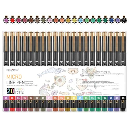05 Micro Pen 20 Colors Waterproof Ink 0.48mm Fine Tip FineLiner Pens for Art Drawing (20 Count)
