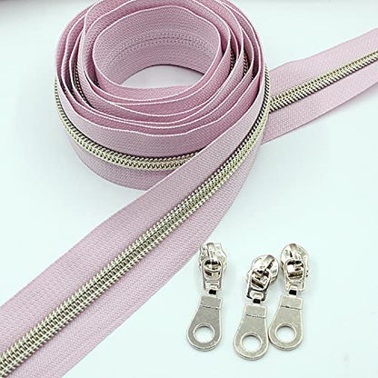 5 Metallic Nylon Coil Zippers by The Yard Bulk 10 Yards Light Gold Teeth Zipper Pink Tape with 25pcs Gold Sliders for DIY Sewing Tailor Craft Bag
